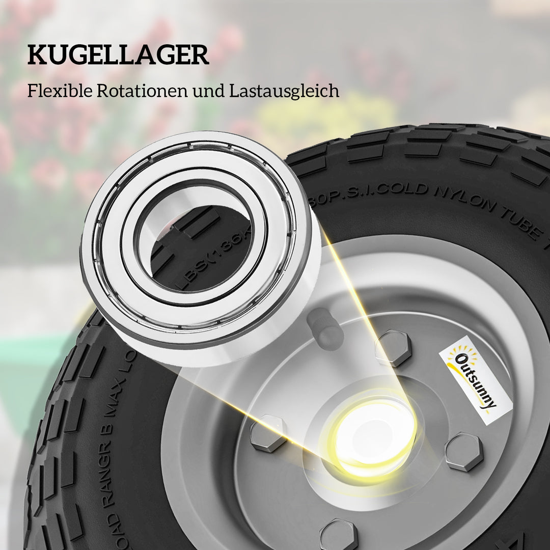 Trillebørhjul, sæt med 4, reservehjul, 80 kg, Ø 255 mm, massivt gummidæk med slange, kuglelejer, sort
