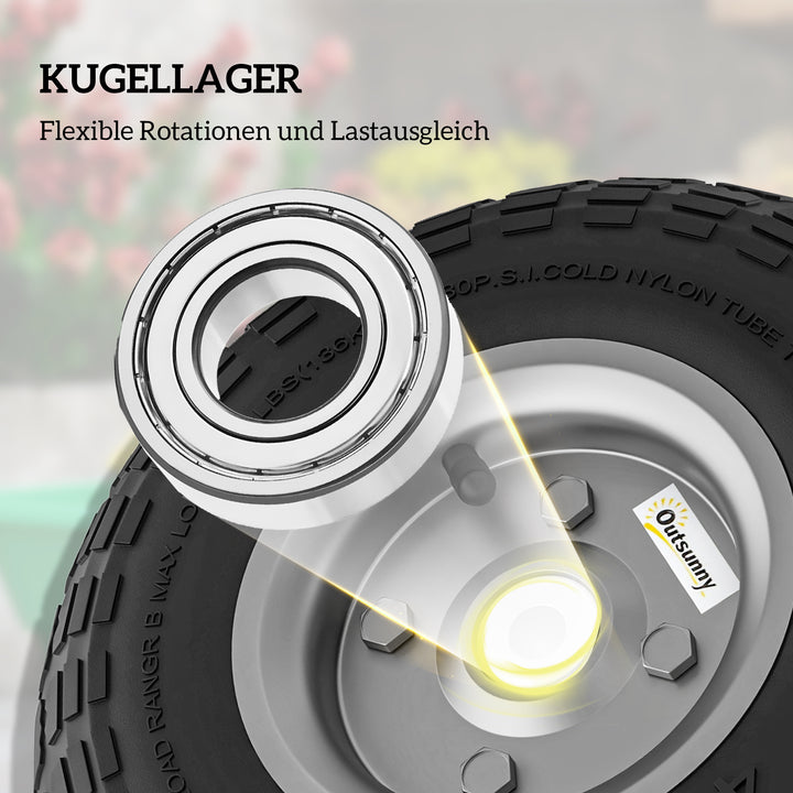 Trillebørhjul, sæt med 4, reservehjul, 80 kg, Ø 255 mm, massivt gummidæk med slange, kuglelejer, sort