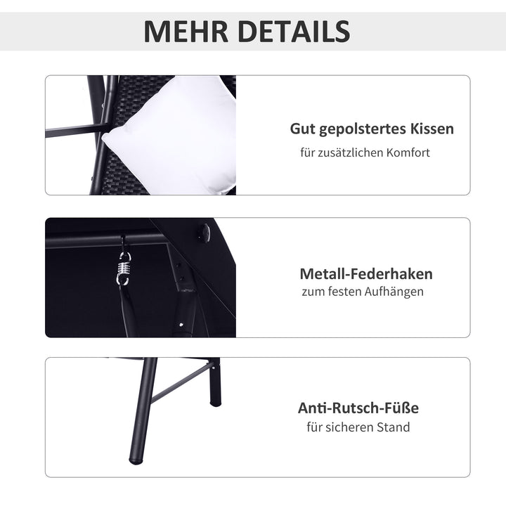 3-Personers verandagynge lavet af polyrattan og metal med hynder, lasteevne op til 360 kg, ny (sort)
