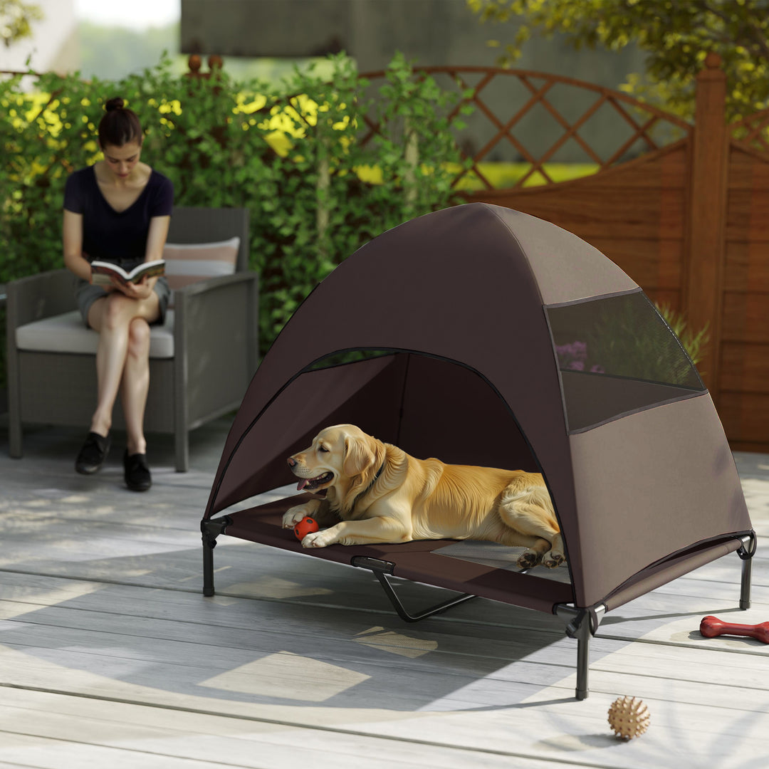Udendørs hundeseng med tag, hævet hundeseng til store hunde, 106 x 76 x 99 cm, kaffe