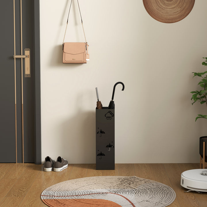 Metalparaplystativ med 4 kroge, sky- og paraplymønster, drypbakke, sort