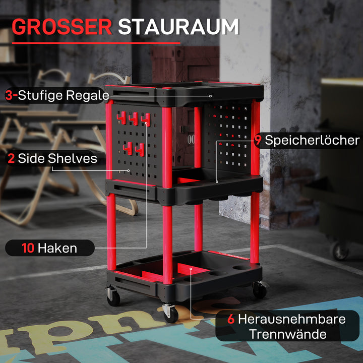 Værktøjsvogn, hylder i tre etager, 4 hjul, plast, 10 kroge, rød