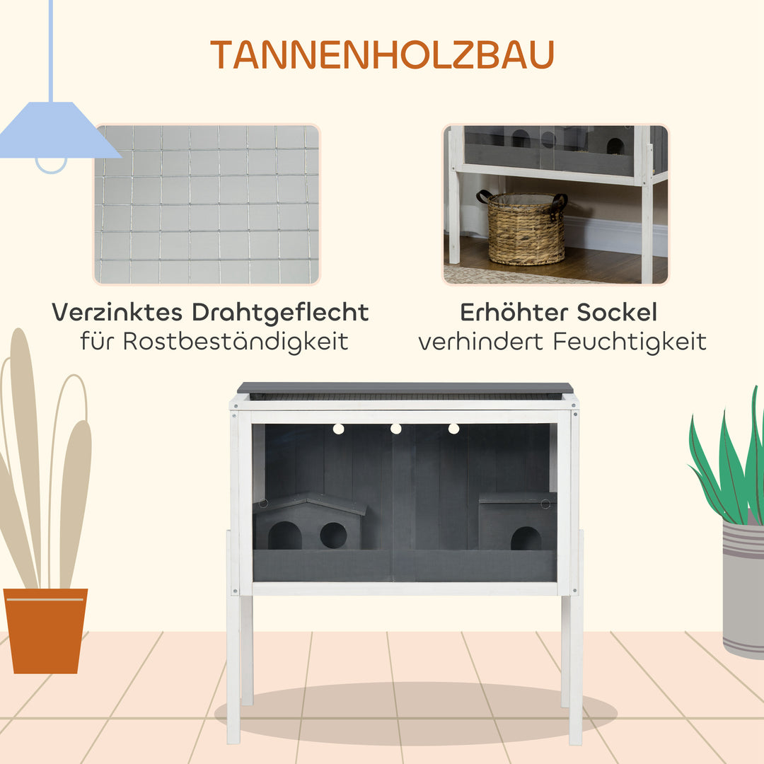 Hamsterbur, 3000 cm² dværghamsterbur lavet af træ og metal, med 2 hytter, skydedøre i akryl, stabil, sikker, grå+hvid