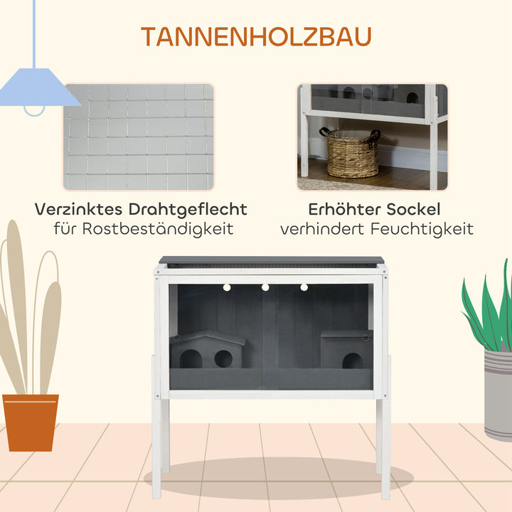 Hamsterbur, 3000 cm² dværghamsterbur lavet af træ og metal, med 2 hytter, skydedøre i akryl, stabil, sikker, grå+hvid