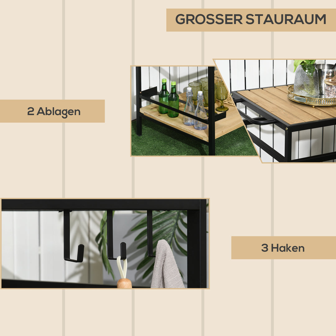 Serveringsvogn i industriel stil, vejrbestandig, 3 kroge, 1 hylde, 107 cm x 65 cm x 80 cm, sort + natur