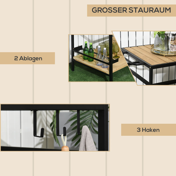 Serveringsvogn i industriel stil, vejrbestandig, 3 kroge, 1 hylde, 107 cm x 65 cm x 80 cm, sort + natur