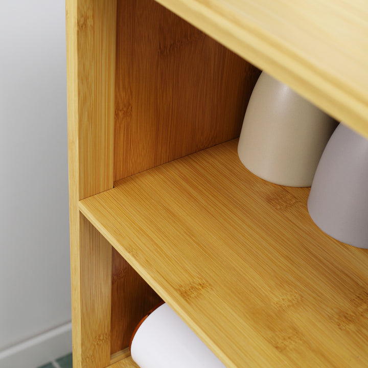 Badeværelsesskab i bambus med lameldøre, 2 hylder, 1 skab, 50 cm x 29 cm x 92 cm, naturfarvet