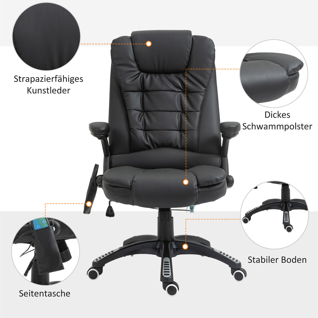 Massage kontorstol, executive chair med 6-punkts vibrationsmassage og varmefunktion, drejelig gamingstol, kunstlæder, 70 x 70 x 111-121 cm, sort
