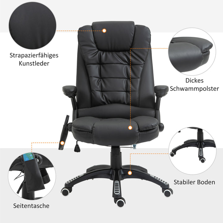 Massage kontorstol, executive chair med 6-punkts vibrationsmassage og varmefunktion, drejelig gamingstol, kunstlæder, 70 x 70 x 111-121 cm, sort