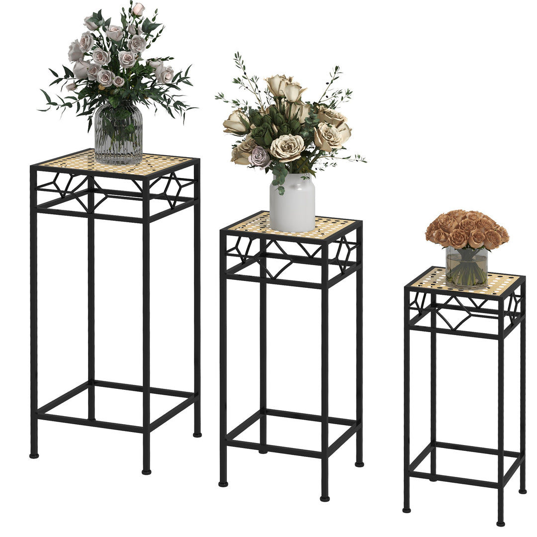 Blomsterstander, sæt med 3, rund, stabelbar, rattan-look, metalben, indendørs og udendørs brug, sort/guld