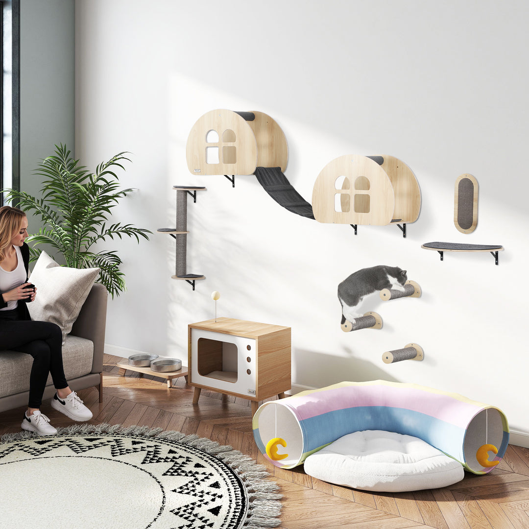 Klatrevæg til katte, 7-delt klatrevægsæt til katte med sisal stige, platform kradsetræ grå