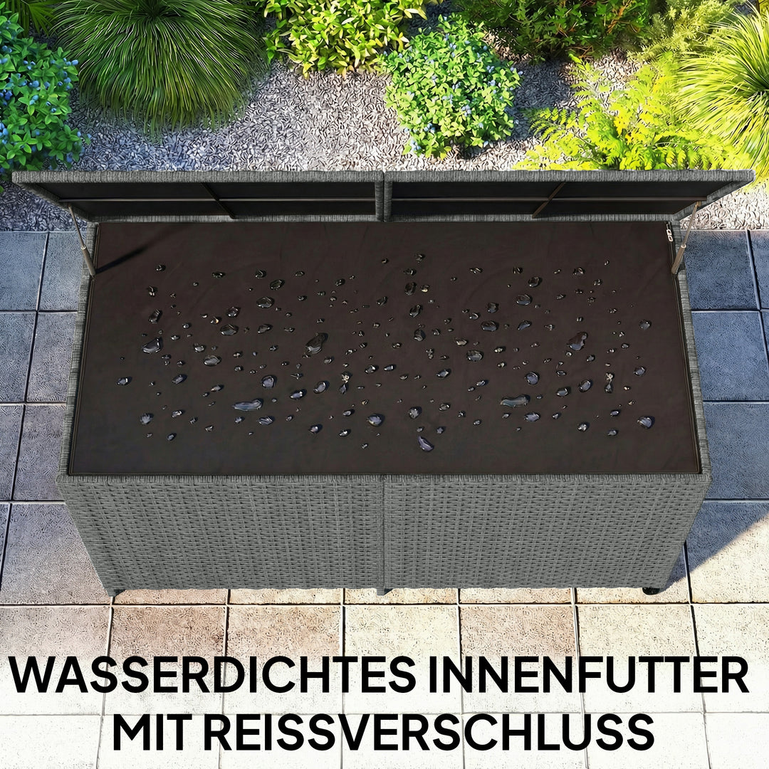 Rattan opbevaringskasse 650L, vejrbestandig, UV-bestandig, hyndekasse med låg, hjul, opbevaringsplads 150 x 75 x 74 cm, mørkegrå