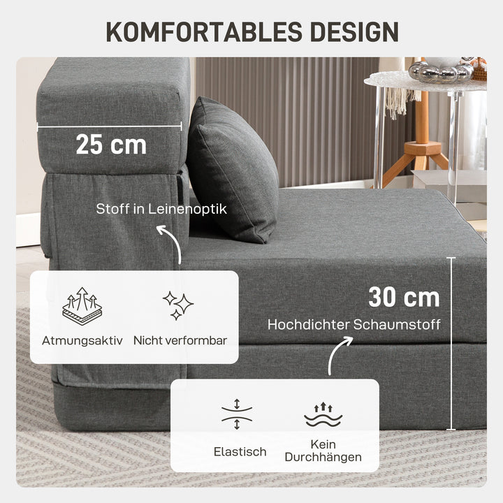 3-i-1 sovesofa med linnedlook, 80 x 80 x 64 cm, mørkegrå