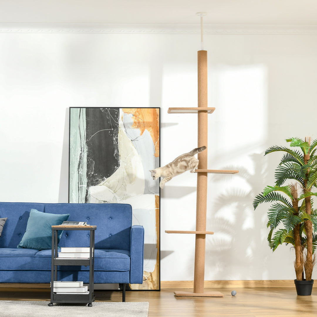 Kradsetræ lofthøjde, 228-260 cm højdejusterbart kradsetræ klatretræ til katte med 3 niveauer, kradsetræ til katte, legetræ fra gulv til loft lysebrun