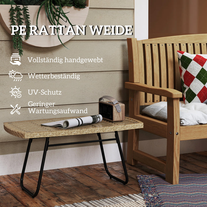 Polyrattan havebord, 90 x 50 x 45 cm, UV-bestandigt sidebord med glasplade, naturtræ