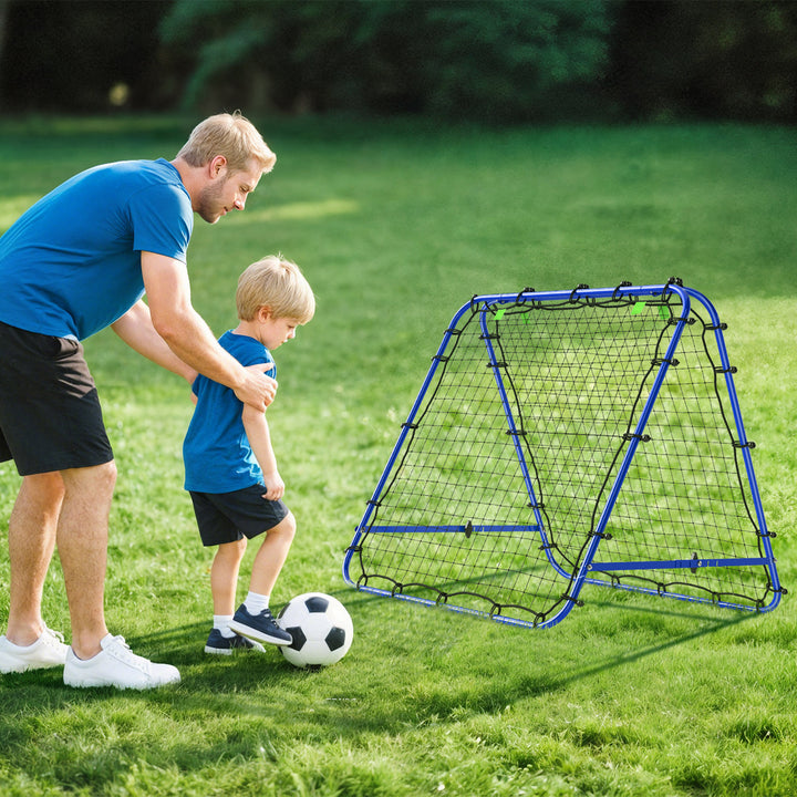 Dobbeltsidet rebounder til fodbold, justerbar reboundvæg med 5 vinkelpositioner, 100 x 68-95 cm kickback-mål til ungdom, reboundvæg til håndboldtræning, blå