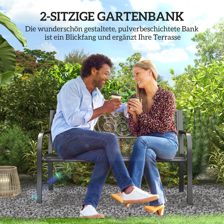 Metalhavebænk, blomsterdesign, 2-personers, 240 kg lasteevne, stål, 127L x 60B x 87H cm, sort