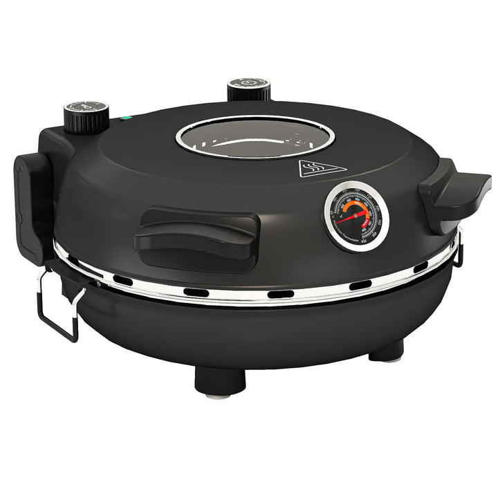 Elektrisk pizzaovn 430 °c, 1200 watt pizzabager med 30 cm stenplade, timer, vindue, rustfrit stål, sort