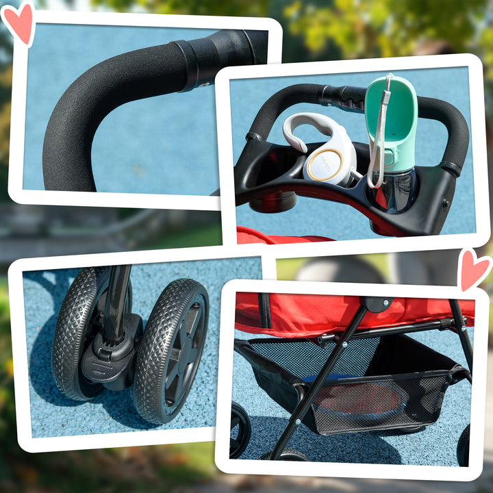 Hundevogn op til 4 kg sammenklappelig netkurv med vindue, gulv, kopholder, aftageligt tag, rød 67 x 45 x 96 cm