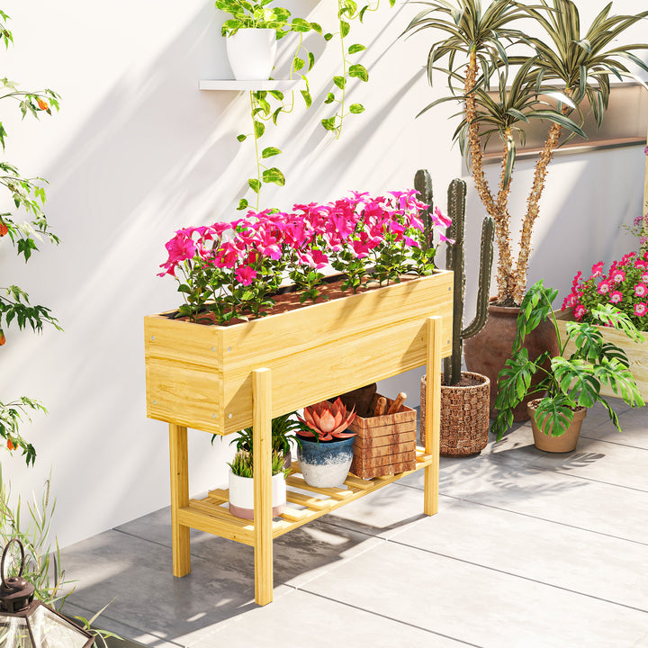 Blomsterkasse med nederste hylde, træbed med fleeceforing og drænhuller, 100 x 30 x 70,5 cm, naturtræ