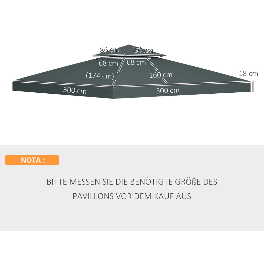 Udskiftningstag til 3 x 3 m pavillon, vandtæt, med dobbelttag, drænhuller, udskiftningsovertræk, reservedele til havepavillon/telt, trækulsgrå