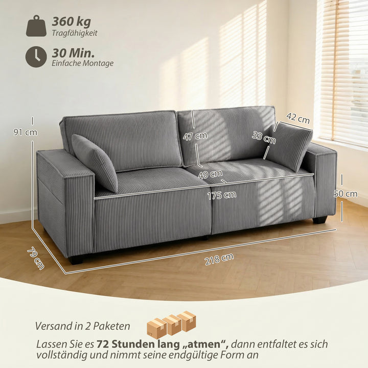 218 cm 3-personers sofa, moderne fløjlssofa med pocketfjederbetræk, brede armlæn og 2 hynder, lysegrå