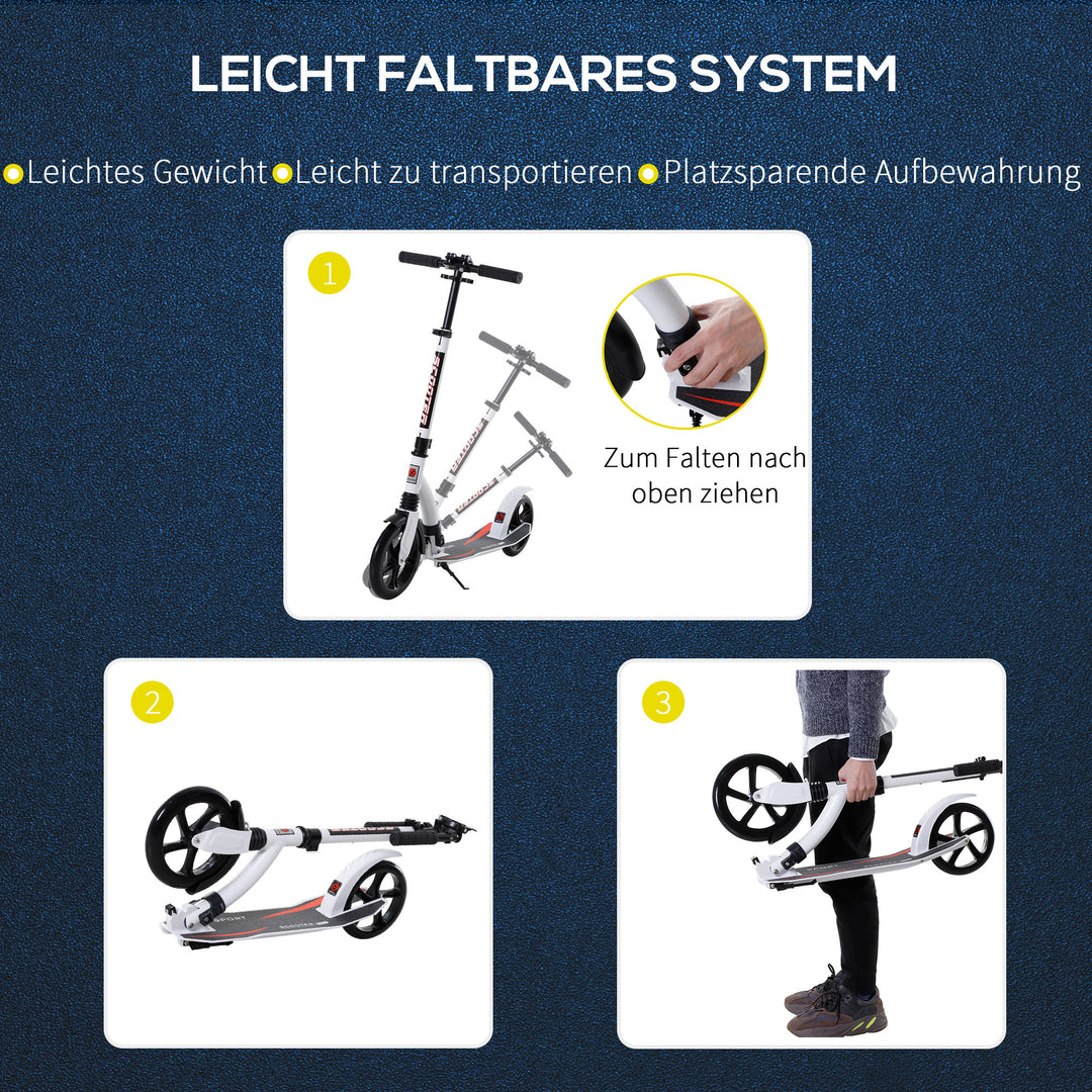 Børneløbehjul, løbehjul med støddæmpning, sammenklappelig og højdejusterbar, fra 14 år, aluminium, hvid, 92,5 x 37,5 x 82-97 cm