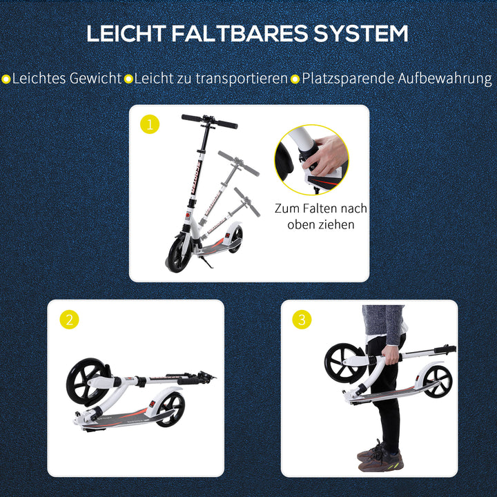 Børneløbehjul, løbehjul med støddæmpning, sammenklappelig og højdejusterbar, fra 14 år, aluminium, hvid, 92,5 x 37,5 x 82-97 cm