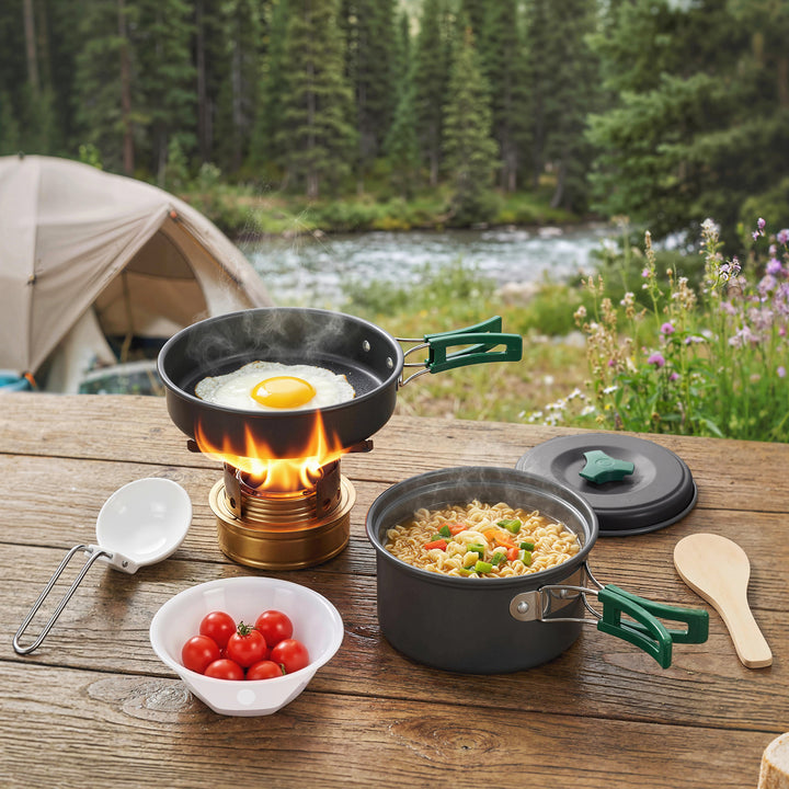 Campingkøkkensæt med skoldningssikre håndtag, 8 dele, grå