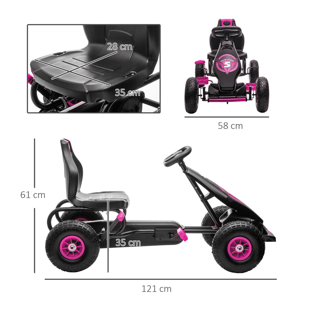 Børne-gokart, med pedaler, justerbart sæde, indendørs og udendørs brug, fra 5 år, pink+sort, 121 x 58 x 61 cm