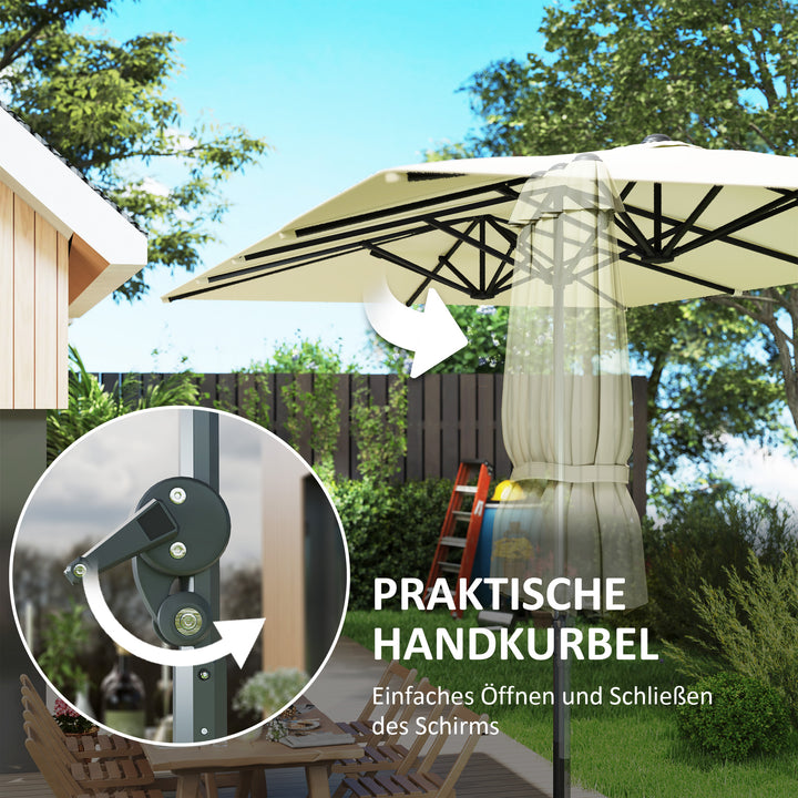 Dobbeltsidet paraply, 451 x 264 cm parasol med håndsving, 12 metalribber, aluminiumsstang, cremehvid