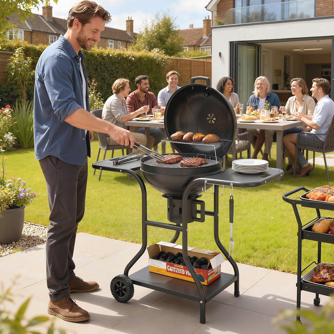 Kulgrill BBQ-ryger med sideborde, låg, termometer og hjul, 129 x 63,5 x 106,5 cm