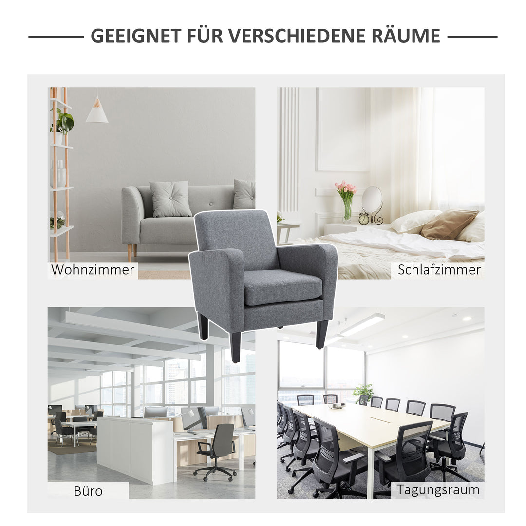 Enkelt lænestol, afslappende stol, polstret stol med træben, stof med hørlook, 66 x 72 x 74 cm, lysegrå