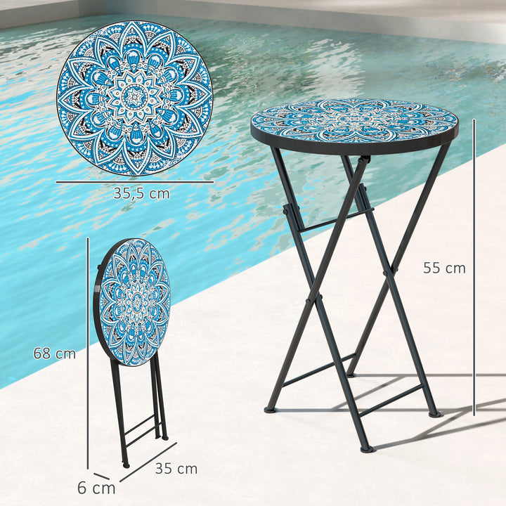 Mosaik havebord, foldbart rundt terrassebord med metalramme og keramisk bordplade, mosaikmønster, blå