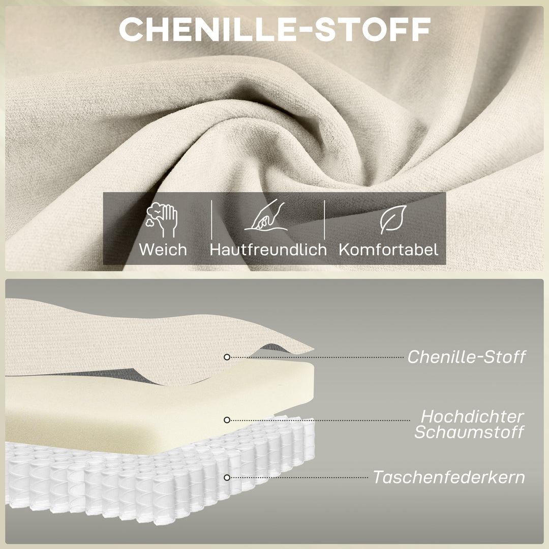 146 cm to-personers sofa, chenille sofa med dobbeltbetræk, fjerhynder, dybt sæde, højt ryglæn, cremefarvet