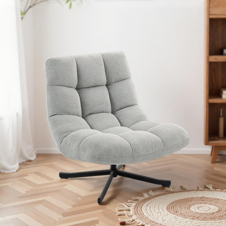 Drejelig loungestol med bredt sæde, vandafvisende chenille-look, krydsede stålben, lysegrå