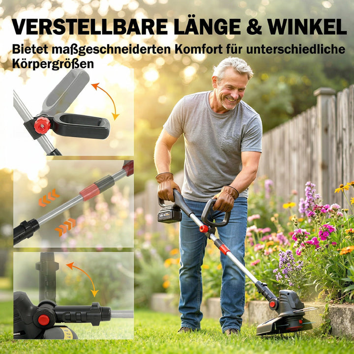 Batteridrevet plænetrimmer/buskrydder med 30 cm klippebredde, justerbart håndtag, vipbart motorhoved til have og gårdsplads, sølv