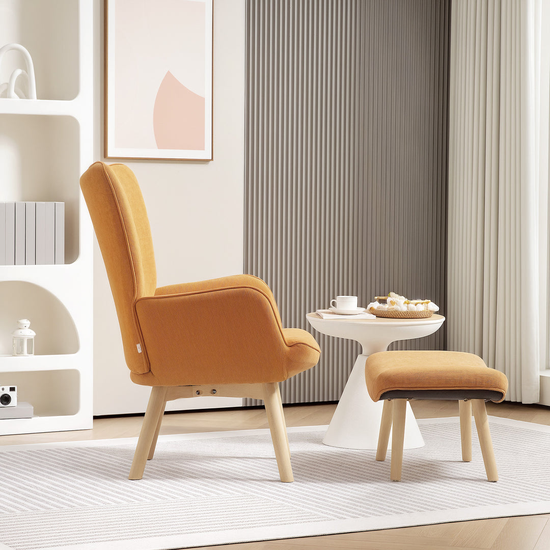 Accentstol med skammel, corduroy-lænestol, lænestol med træben, til stue, brun