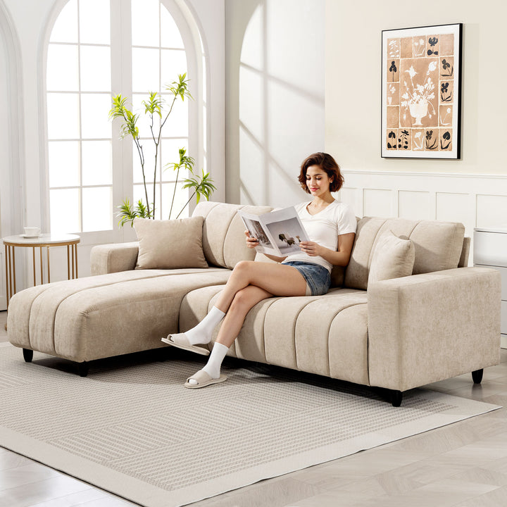 Hjørnesofa, vendbar chaiselong, hynder, 242 x 156 x 87 cm, beige
