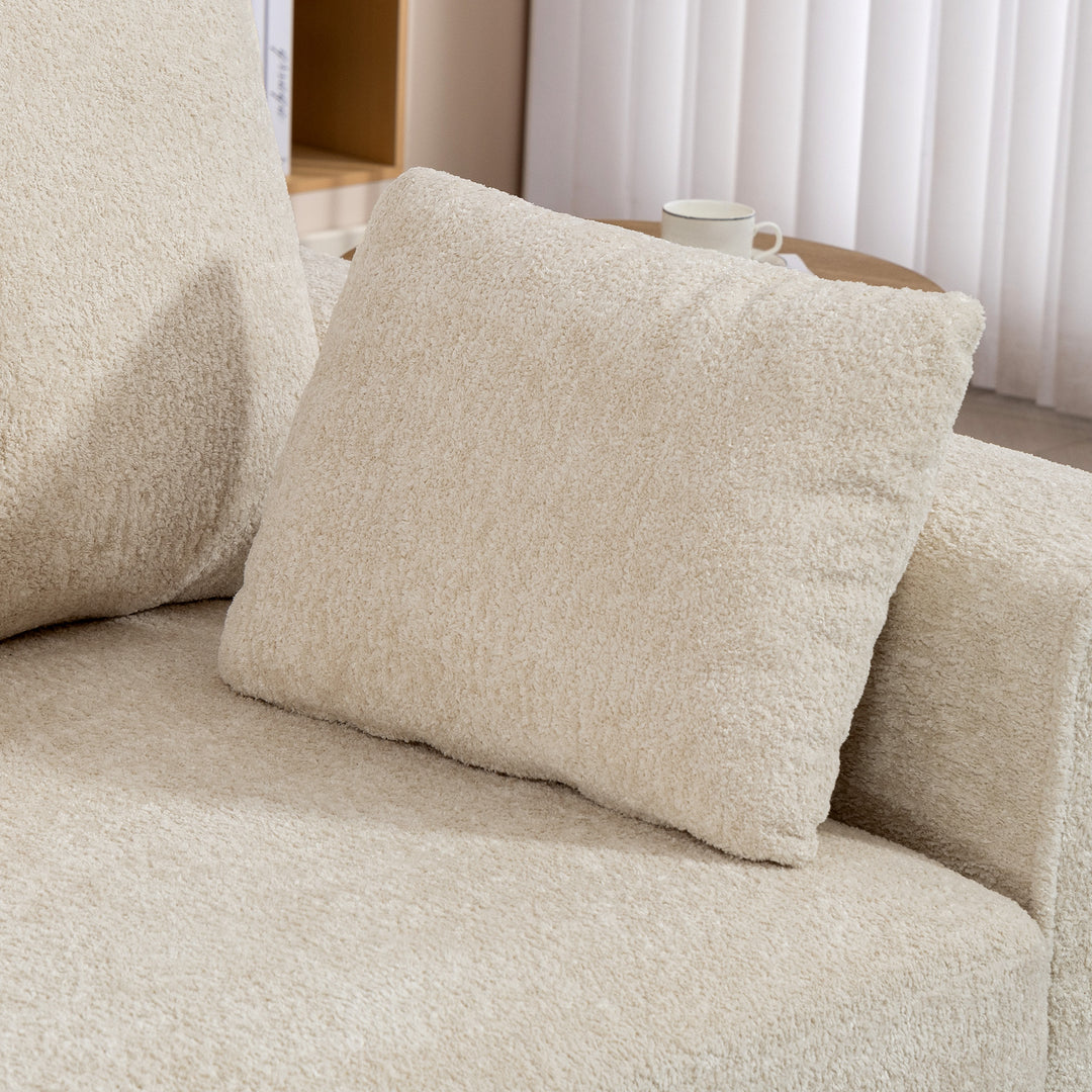Beige 3-personers sofa med Raindrop-fløjlsbetræk, dybt sæde, fjerpuder, brede armlæn og 4 hynder