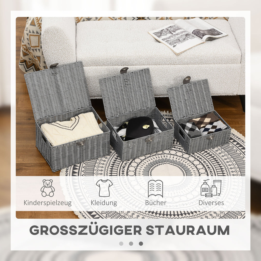 Sæt med 3 opbevaringskurve i pe-rattan med lukning og håndtag, 35,5 cm x 28,5 cm x 18 cm, grå