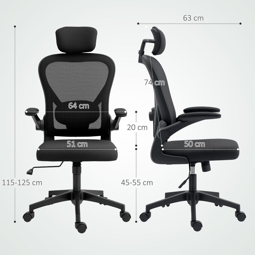 Ergonomisk kontorstol med opklappelige armlæn og justerbar lændestøtte, sort