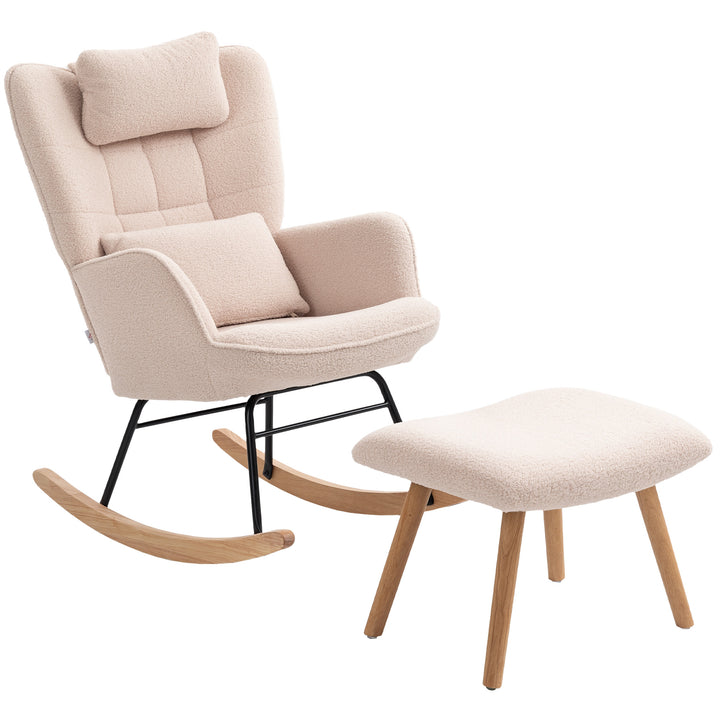 Gyngestol med fodskammel, blødt fleecebetræk, træben, hynde, høj ryg, gyngestol, beige