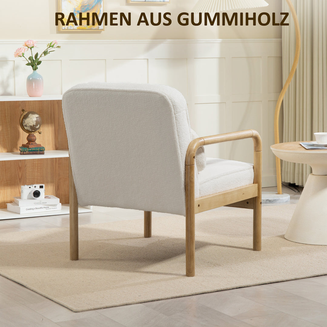 Accentstol, polstret stol med stofbetræk, gummitræsstel, moderne stol med hynde, hvid