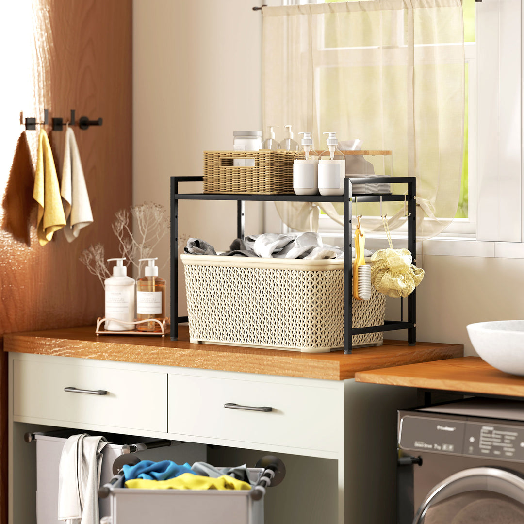 Mikrobølgeovnshylde, 3 kroge, udtrækkelig, metal, 40 cm høj, sort