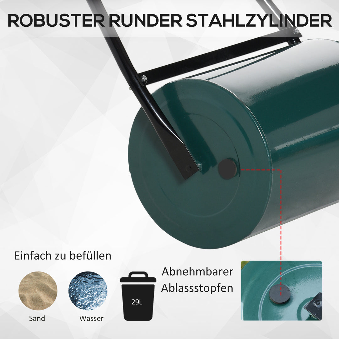 Plænetromle havetromle med u-håndtag 31 cm diameter 30 cm arbejdsbredde 40 l vand/sandpåfyldning metal grøn