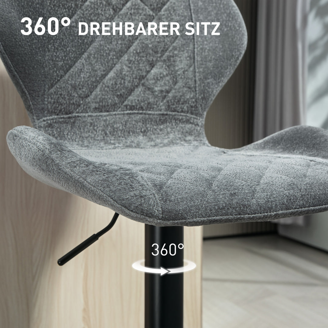 Barstole sæt med 2, højdejusterbare køkkenstole med ryglæn, gasløft, fodstøtte, drejefunktion, grå