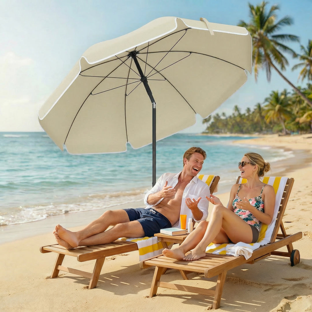 Strandparasol Ø150 cm, vandafvisende, foldbar, med sandanker, justerbar hældning, bæretaske, beige