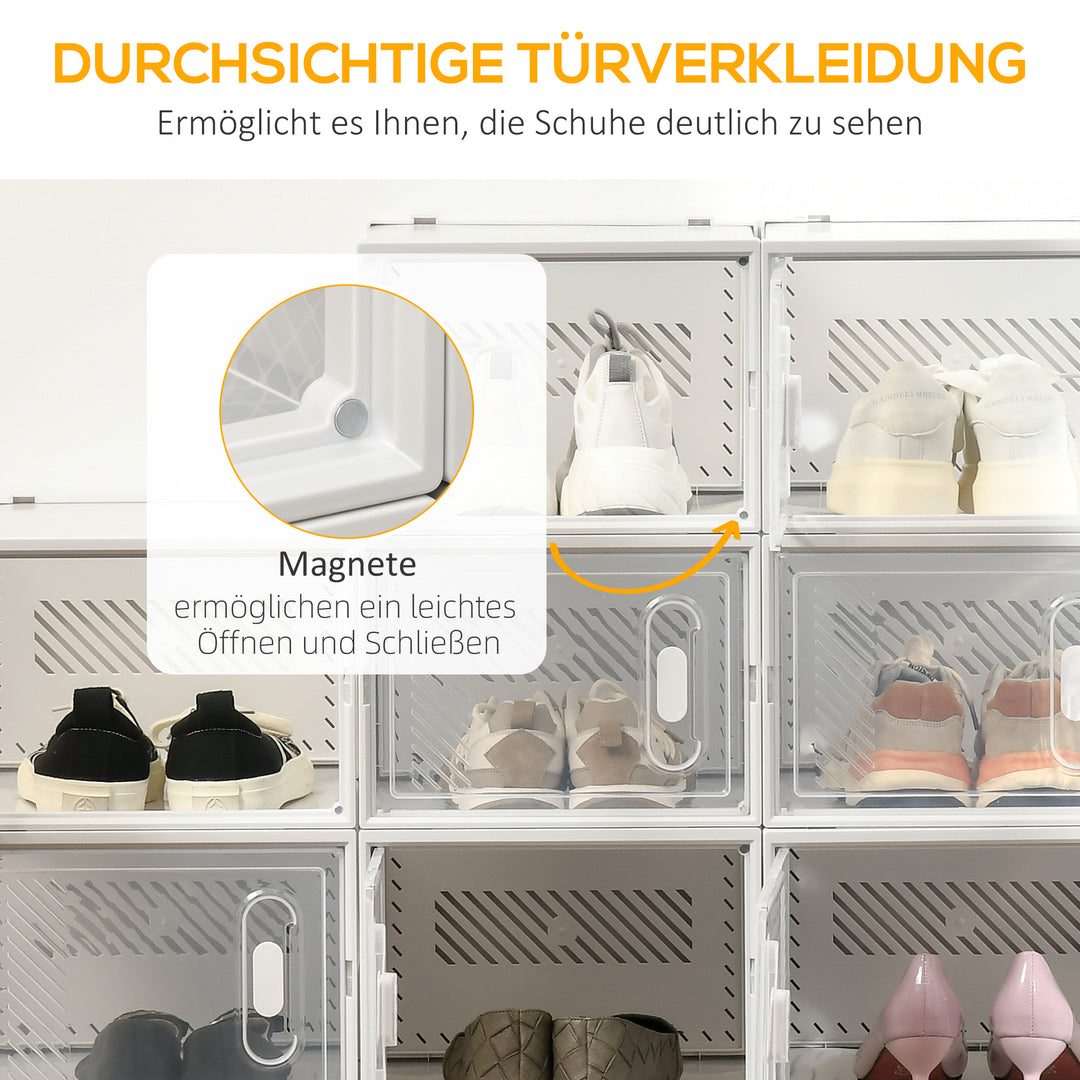 18-Delt skohylde, stabelbare skoæsker til sko op til størrelse 45, magnetiske døre, plastik, 28 x 36 x 21 cm