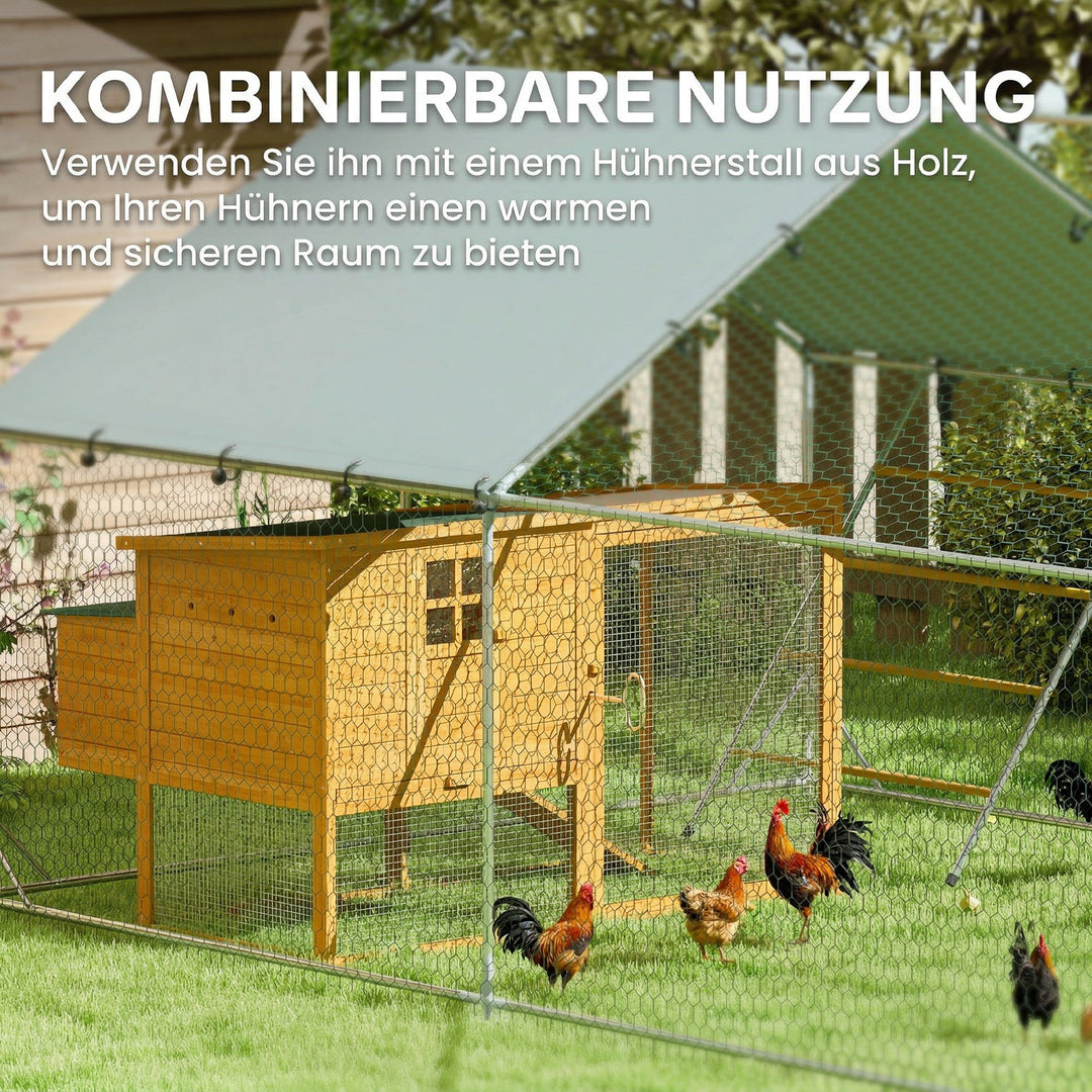 Hønsehus, fritgående indhegning til kyllinger, med UV-bestandig presenning, stålnet, automatisk foderautomat, til 12-18 kyllinger